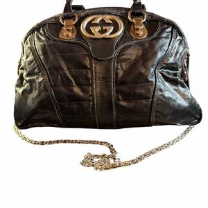 Authentic Gucci Black Dialux Leather Britt Hobo Bag - Large GG